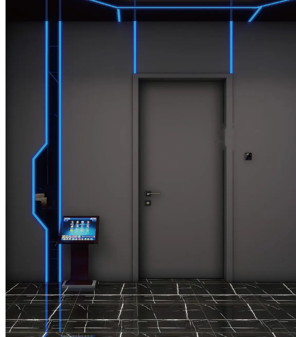 Porta WPC cinza em espaço de entretenimento